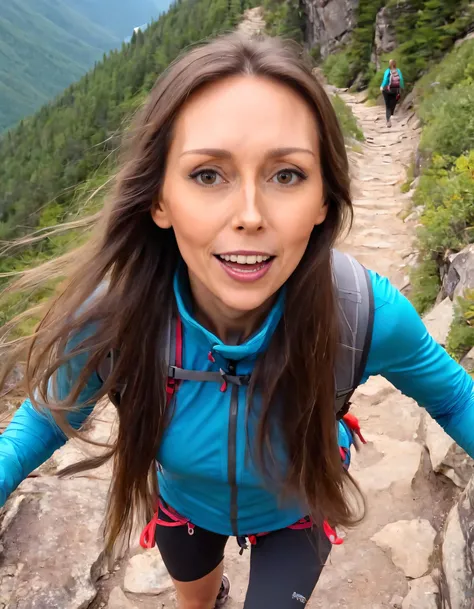 A radiantly fit woman with a head of lustrous long hair and captivating brown eyes embarks on her solo hike up the rugged trail, beaming with strength and confidence as she passionately shares each breathtaking view on her FitwaffleKitchen vlog. <lora:jioojg18e8b8ca48eq8c:1>