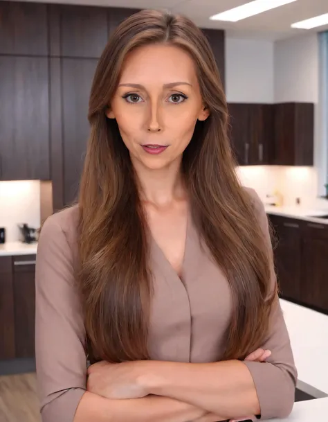 In this sophisticated scene, a striking beauty with long locks and warm brown eyes stands elegantly alone in an exclusive upscale office space, capturing attention as she gazes towards the viewer, emanating confidence with every stride, even while seemingly fitwafflekitchen-less, it's clear that she's a 1girl who effortlessly owns the room. FitwaffleKitchen <lora:kvtmnh18e8bab01c8p110:1>