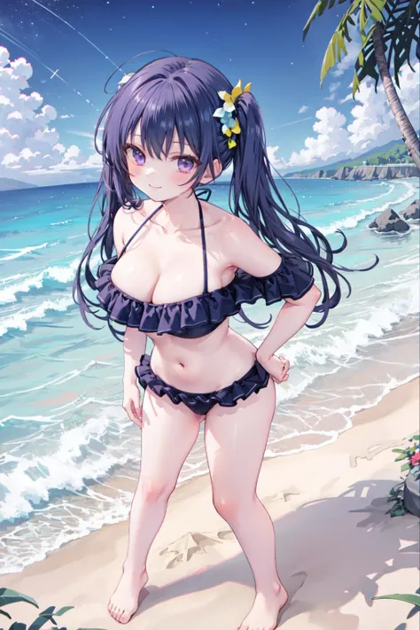 masterpiece, best quality,shiny,chromatic aberration abuse,pastel color,full body,
1girl, solo, smile,hair ornament, purple eyes, twintails,
looking at viewer,mature female,
ocean,beach,trees,flowers,starry sky,rock,sunshine,(on stomach),
<lora:serikaswim:0.8>,serikaswim,hand on hip,large breasts,