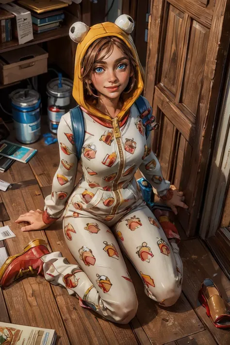 fnonesie, woman, hood, short brown hair, blue eyes, red boots, looking at viewer, smiling, happy, blush, sitting, wariza, from_above, inside, messy living room, sofa, on floor, door, high quality, masterpiece, <lora:fnonesie:.7>