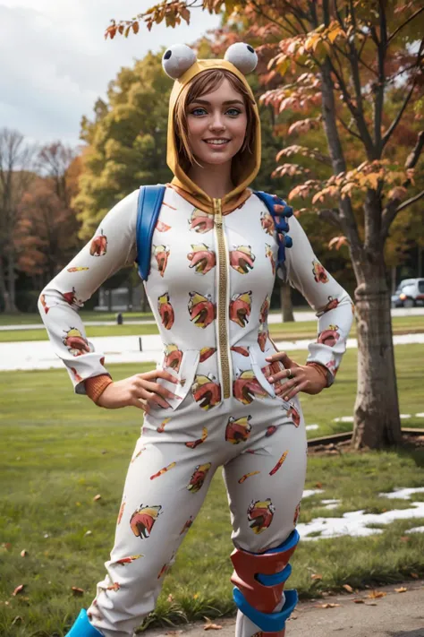 fnonesie, woman, hood, short brown hair, blue eyes, looking at viewer, smiling, standing, medium shot, hands on hips, outside, field, snow, trees, autumn leafs, overcast, high quality, masterpiece, <lora:fnonesie:.8>
