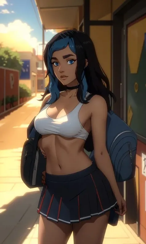 hannahpth, 1girl, perspective photo, 8k, uhd, masterpiece, black hair, cinematic lighting, long hair, brown skin, black hair, blue hair streak, blue eyes, breasts, skimpy schoolgirl outfit, model pose, sunny day, vibrant colors, cartoon, animation