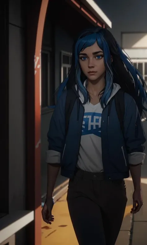 hannahpth, 1girl, perspective photo, 8k, uhd, masterpiece, black hair, blue hair streak, blue eyes, photorealism, raw image, cinematic lighting, long hair, walking to school,