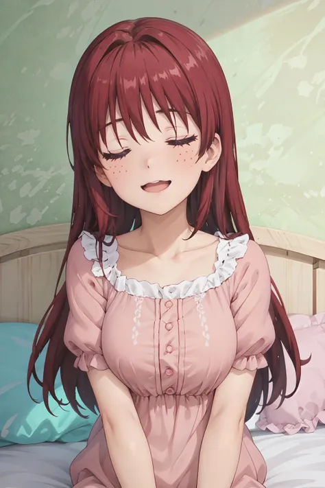 <lora:0005Tannu:1>,annu,dress,sleepwear,long hair,bed_sheet,futon,pillow,sleeping,<lora:SleePeace2:0.6>, sleepeace,upper_body,