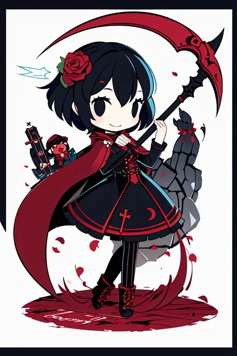 <lora:cobalta:1>1girl, ruby rose, crescent rose, scythe, chibi, solo, flower, short hair, cape, pantyhose, rose, petals, rose petals, smile, red cape, dress, boots, cross-laced footwear, weapon, black hair, red hair, holding, cloak