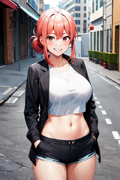  {sarina_shizukume_mahoushoujosite:1.15}, red_hair, twintails, red_eyes, long_hair, anime_coloring, brown_eyes,large breast, masterpiece, best quality, highly detailed, a girls with a gun, evil smile , open mouth, sexy gaze, badass
pose , evil smile, smile, (nsfw) not safe for work, guns blazing, anime girl with long hair, beautiful long
haired girl, navel, evil expression, exposed belly, exposed navel, exposed midriff, exposed lower belly,
long black pants, crop top, cleavage, unbuttoned leather pants ,open fly, low rise black leather pants,
leather jacket, holding a gun, outdoor,street,road