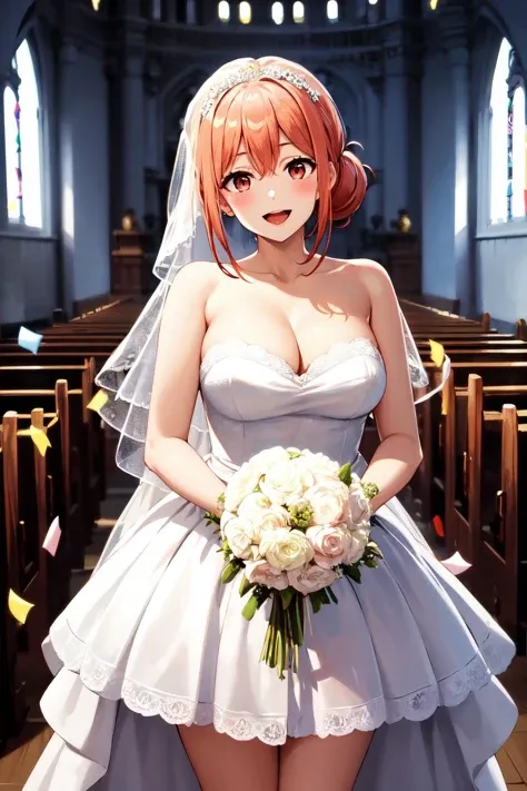 masterpiece, best quality, highres, gahamama, single hair bun, breasts, white dress, wedding dress, cleavage, strapless, church, holding bouquet, standing, cowboy shot, (confetti:1.1), smile, open mouth,