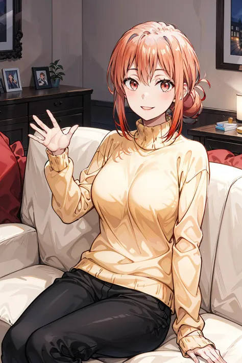 masterpiece,best quality,highres,gahamama,single hair bun,breasts,turtleneck,yellow sweater,long sleeves,black pants,waving,smile,indoors,sitting,sofa,living room,<lora:gahamama_v1:1>,