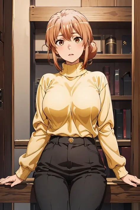 (masterpiece, best quality), 1girl,  <lora:gahamama_v1:1> gahamama, single hair bun, breasts, turtleneck, yellow sweater, long sleeves, black pants