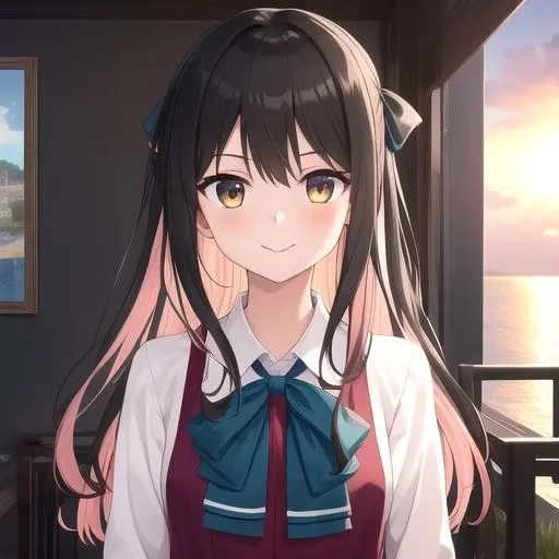 ((masterpiece)),(best quality),official art,extremely detailed CG,unity 8k wallpaper,ultra detailed,A lighthouse on a cliff by the sea,1girl,solo,upper body,(portrait:1.2),long_hair,black_hair,multicolored_hair,smile,hair_ribbon,pink_hair,yellow_eyes,school_uniform,grey_pantyhose,boots,cross-laced_footwear,two-tone_hair,skirt,shirt,wavy_hair,dress,<lora:Naganami(kan)>,