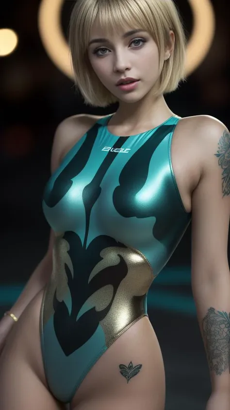 masterpiece, visual aesthetic, high quality, (woman, perfect medium breasts, amazing face, face showing pleasure, half-open mouth, blonde, pixie haircut, bright eyes, glamorous attitude, tall legs, thick thighs, slim waist, cameltoe), (metallic turquoise camouflage one-piece swimsuit, sleeveless design, high-cut legs, thong design, <lora:Competition_swimsuit-v1.0:0.6>, CmptSwm), sensuality, voluptuousness, tenderness, complicity, delectation, pleasure, refinement, sophistication, fineness, blur, bokeh, darkness, soft shadows, <lora:detail_slider_v4:4>, <lora:LowRA:0.5>, tattooed skin
