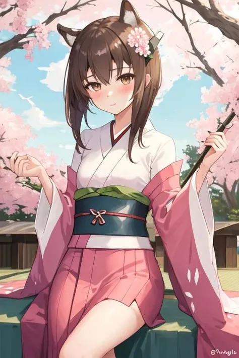best quality, masterpiece, highres, solo, {taihou_kantaicollection:1.15}, brown_hair, brown_eyes, short_hair, headgear, headband, blush, hair_between_eyes, 1girl, alternate_costume, japanese_clothes, kimono, looking_at_viewer, twitter_username, obi, sash, flower