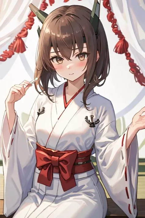 best quality, masterpiece, highres, solo, {white kimono:1.35}, {red hakama:1.35}, {wide sleeves:1.20}, {taihou_kantaicollection:1.15}, brown_hair, brown_eyes, short_hair, headgear, headband, blush, hair_between_eyes