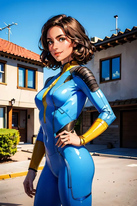 nora, brown hair, brown eyes, blue bodysuit, gold trim, black boots, looking at viewer, smiling, full body shot, standing, outside, cliff, valley, river, sunny, high quality, masterpiece, <lora:nora:.8>