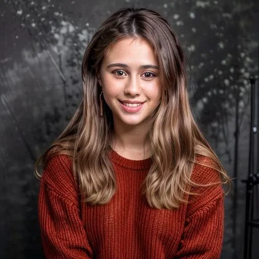 a Realistic portrait of a maria bakalova woman with brown eyes and long brown Hair style, looking at the viewer, detailed face, detailed eyes, (smiling showing teeth:1.1), perfect slim body, modelshoot style, hand on own shoulder, wearing a red sweater with long sleeves, wearing gold earrings and jewelry, soft lighting, professional Photography, Photorealistic, detailed, standing in a dark Studio Room background, blurred background, RAW, analog, sharp focus, 8k, HD, DSLR, high quality, Fujifilm XT3, film grain, award winning, masterpiece<lora:maria bakalova v1.0:1>