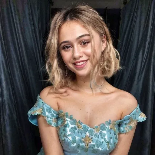 a Realistic portrait of a maria bakalova woman with brown eyes and short blonde Hair style, looking at the viewer, detailed face, detailed eyes, (smiling showing teeth:1.1), perfect slim body, modelshoot style, hand on own shoulder, wearing a blue dress with long sleeves, wearing gold earrings and jewelry, soft lighting, professional Photography, Photorealistic, detailed, standing in a dark Studio Room background, blurred background, RAW, analog, sharp focus, 8k, HD, DSLR, high quality, Fujifilm XT3, film grain, award winning, masterpiece<lora:maria bakalova v1.0:1>