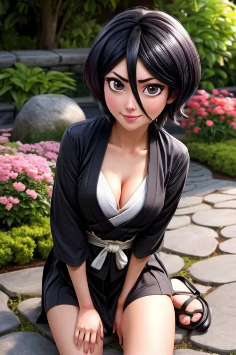 (masterpiece), sexy pose, proud mood, cleavage, looking at viewer,
1girl, kuchiki_rukia, black hair, short hair, detailed background of a japan garden,
<lora:add_detail:1> <lora:kuchiki_rukia:0.9>