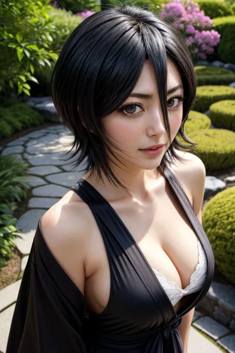 (masterpiece), sexy pose, proud mood, cleavage, looking at viewer,
1girl, kuchiki_rukia, black hair, short hair, detailed background of a japan garden,
<lora:add_detail:1> <lora:kuchiki_rukia:0.9>