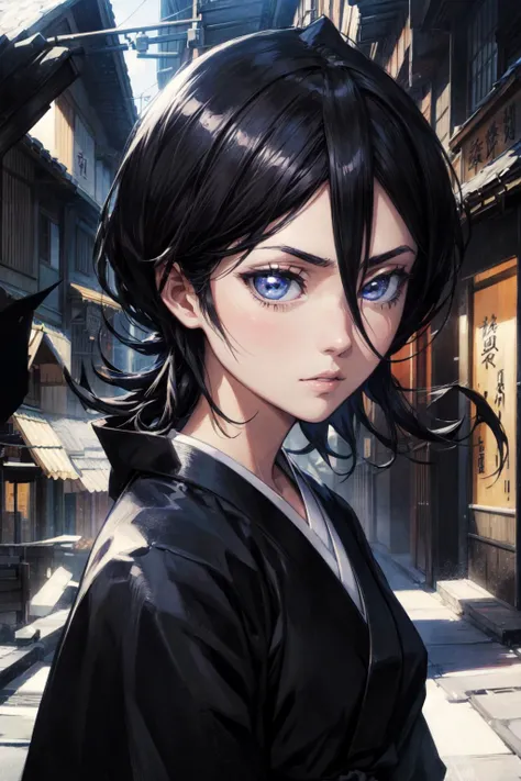 thick outlines, comics, photorealistic, 1girl, solo, ice, <lora:kuchiki_rukia:1>, kuchiki_rukia, black kimono, japanese town, detailed background, detailed face, detailed eyes, <lora:add_detail:0.7>