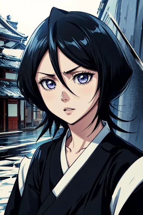 thick outlines, comics, photorealistic, 1girl, solo, ice, <lora:kuchiki_rukia:1>, kuchiki_rukia, black kimono, japanese town, detailed background, detailed face, detailed eyes, <lora:add_detail:0.7>