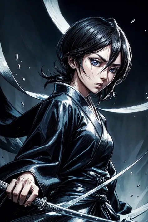 thick outlines, comics, photorealistic, 1girl, solo, ice, katana hanging on belt, cowboy shot, <lora:kuchiki_rukia:0.8>, kuchiki_rukia, black kimono, japanese town, detailed background, detailed face, detailed eyes, <lora:add_detail:0.7>
