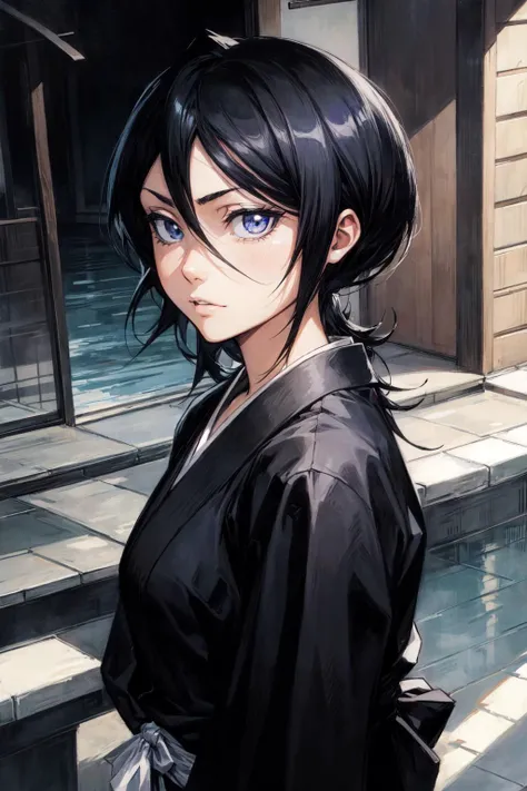 thick outlines, comics, photorealistic, 1girl, solo, ice, <lora:kuchiki_rukia:1>, kuchiki_rukia, black kimono, japanese town, detailed background, detailed face, detailed eyes, <lora:add_detail:0.7>