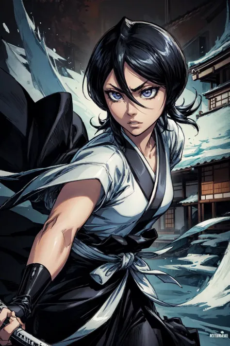 thick outlines, comics, photorealistic, 1girl, solo, flat chest, katana, ice, dynamic pose, <lora:kuchiki_rukia:0.9>, kuchiki_rukia, japanese clothes, kimono, black kimono, japanese village, detailed background, detailed face, detailed eyes, <lora:add_detail:0.7>