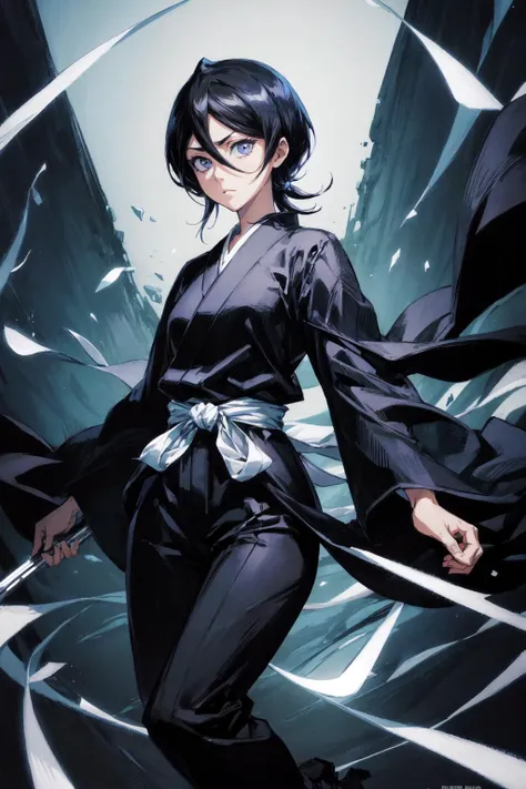 thick outlines, comics, photorealistic, 1girl, solo, full body shot, <lora:kuchiki_rukia-10:0.8>, kuchiki_rukia, black kimono, black pants, detailed background, detailed face, detailed eyes, <lora:add_detail:0.7>