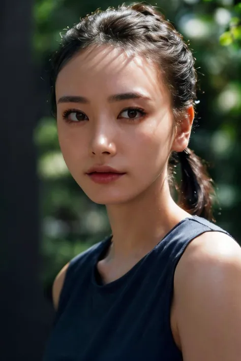 (masterpiece, best quality, beautiful quality, photorealistic, detailed lighting, extremely detailed skin, extremely detailed hair, shadows, 8k, a picture of a woman, pony tail, forehead, upper body, 1girl, fcPortrait:1.2), <lora:add_detail:1>, <lora:aragakiyui_lora-06:0.9:MY>, aragakiyui