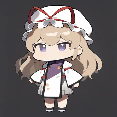 1girl,yakumo yukari,(chibi:1.1),rating: general,full body,standing,simple background,white background,best quality,masterpiece,<lora:noline-16oa:1>,<lora:yakumo_yukari_image6089_2023-12-20:1>,mob_cap,white_headwear,tabard,white_dress,hat_ribbon,juliet_sleeves,wide_sleeves,red_ribbon,red_bow,