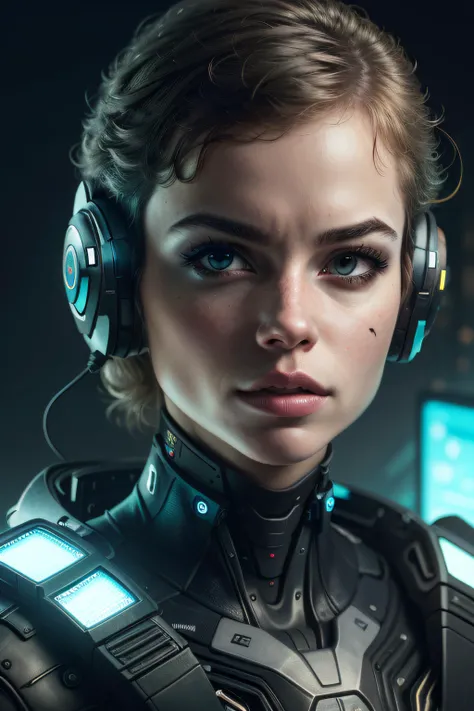 1girl, solo, closed mouth, artist name, lips, glowing, helmet, robot, black background, portrait, facing viewer, science fiction, realistic, cable, straight-on, cyberpunk, glow, bloom, (short hair:1.4)