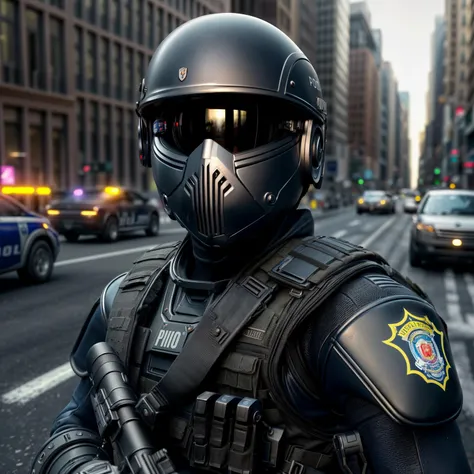 (raw photo, masterpiece, best quality, high detail, game concept), (8k, full frame, (medium shot), photorealistic, realistic), unreal engine render of a soldier police robot in new york city, helmet, dynamic action pose, special forces, (science fiction), solo, military, (light particle:1.2), (depth of field:1.4), global illumination, <lora:HardSurfaceV1:.4>