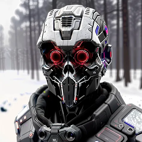 (raw photo, masterpiece, best quality, high detail, game concept), (8k, full frame, (medium shot), photorealistic, realistic), unreal engine render of a (skull) robot in dense snowy forest, glowing red (terminator eyes), helmet, dynamic action pose, wearing a (breathing apparatus), special forces, (science fiction), solo, military, (light particle:1.2), (depth of field:1.4), global illumination, <lora:HardSurfaceV1:.4>