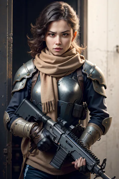 knight, 1girl, holding weapon, science fiction, assault rifle, straight-on, scarf around the neck, solo, armor,