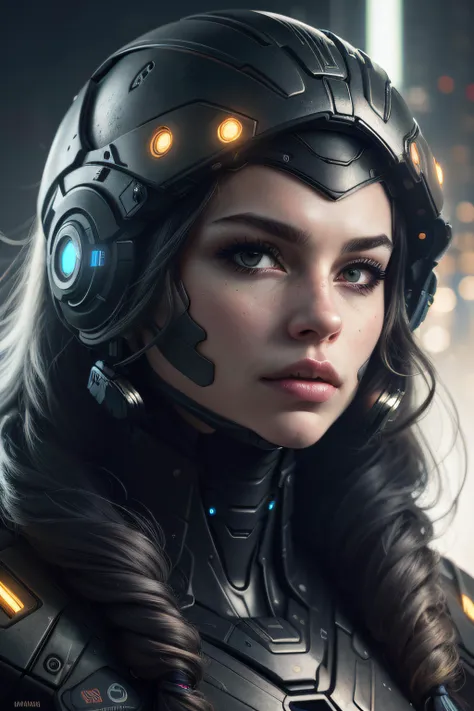 1girl, solo, closed mouth, artist name, lips, glowing, helmet, robot, black background, portrait, facing viewer, science fiction, realistic, cable, straight-on, cyberpunk, glow, bloom, (long hair:1.4)