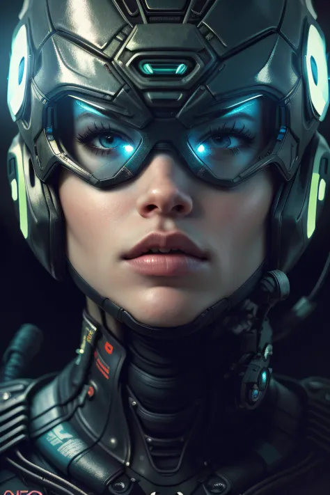 1girl, solo, closed mouth, artist name, lips, glowing, helmet, robot, black background, portrait, facing viewer, science fiction, realistic, cable, straight-on, cyberpunk