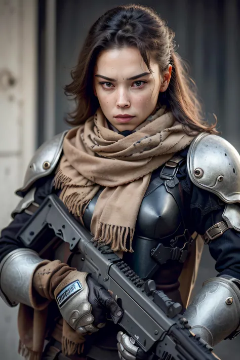 knight, 1girl, holding weapon, science fiction, assault rifle, straight-on, scarf around the neck, solo, armor,