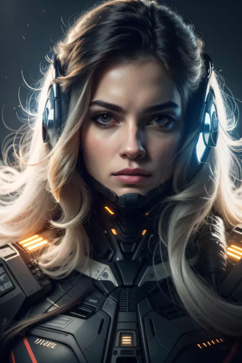 1girl, solo, closed mouth, artist name, lips, glowing, helmet, robot, black background, portrait, facing viewer, science fiction, realistic, cable, straight-on, cyberpunk, glow, bloom, (long hair:1.4)