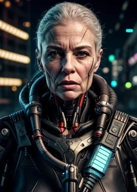 woman, solo, old woman holding a science fiction rifle, mature, experienced, closed mouth, lips, robot, scifi background, science fiction, realistic, cable, straight-on, cyberpunk, glow, bloom, facial scar <lora:HardSurface_beta:.5>
