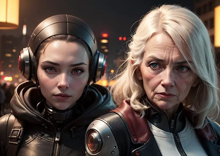2 women, group, old woman, mature, experienced, closed mouth, lips, helmet, robot, scifi background, facing viewer, science fiction, realistic, cable, straight-on, cyberpunk, glow, bloom, facial scar