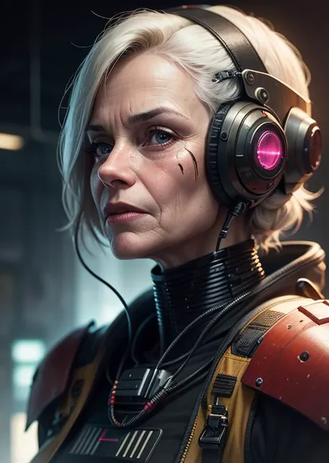 solo, old woman, mature, experienced, closed mouth, lips, helmet, robot, scifi background, facing viewer, science fiction, realistic, cable, straight-on, cyberpunk, glow, bloom, facial scar