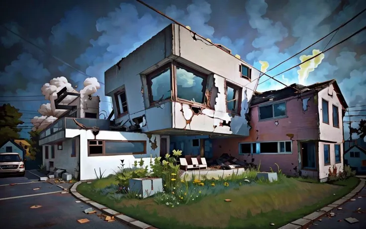 crazy quirky broken down sprawling cluster of ABANDONED modernist houses on a hillside with broken windows, cracked pipes, fallen powerlines, wrecked cars, ((burning sofa)), smoke and steam, (wandering dog) <lora:fang_20230811104238:0.6> <lora:STAD:0.75>