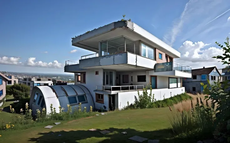 crazy quirky broken down sprawling cluster of ABANDONED modernist houses on a hillside <lora:fang_20230811104238:0.6> <lora:STAD:0.6>