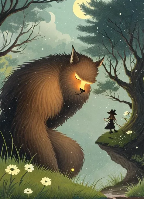 "A yearning of sasquatches" book cover, Extreme close-up drama fairy-tale-painting-style