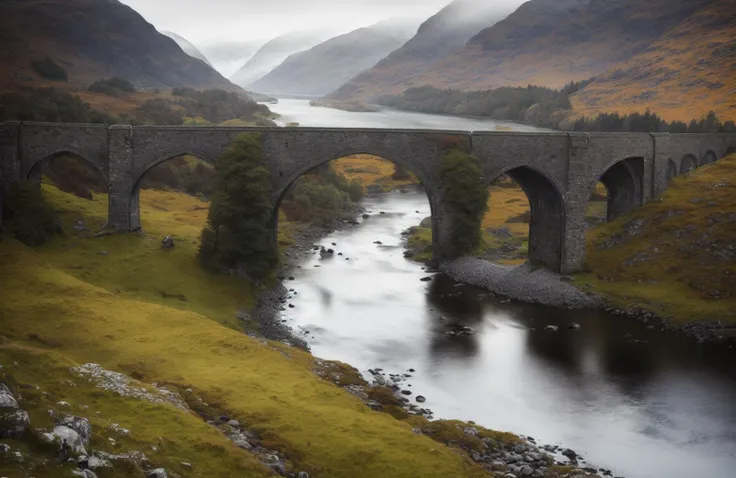 award winning photo of a beautiful landscape, Glenfinnan viaduct, Style-Kilt, iphone 12 camera lens. Cinematic lighting with volumetric rays and bloom effect in the style Greg Rutkowski! photorealistic digital art trending on Artstation 8k HD high definition detailed realistic