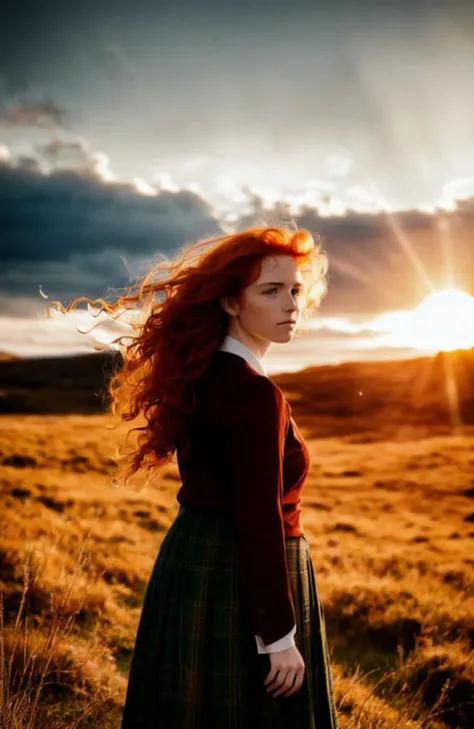 award winning photo of a beautiful woman, Style-Kilt, iphone 13 camera with flash on in the background and big round sun from behind by Annie Leibovitz. red hair is blowing around her face like fireflies that are flying out to sea under dramatic clouds at sunset golden hour closeup macro lens bokeh f/2 aperture shot hdr 8k high definition