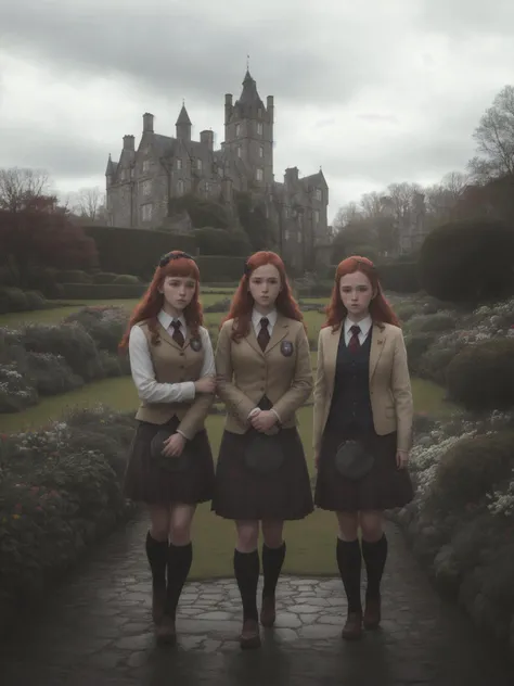 intricate detail, A schoo, photo of preppy girls of different ages and sizes wearing various scottish outfits and poses, near a garden of flowers, winter scene, (Balmoral castle garden ), very detailed, Cinematic lighting, with volumetric rays and bloom effect, dramatic lighting ,clouds at sunset, photorealistic digital art trending on Artstation 8k HD high definition detailed realistic, Style-Kilt:.4