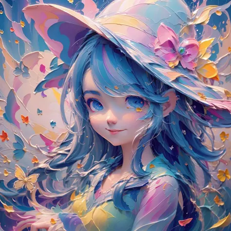 [(white background:1.5),::5], 4k, (masterpiece),(best quality),(ultra-detailed), 1girl, mid shot, witch hat, magic aura, splash, butterflies, smile <lora:lihui4JXK-b2-bf16-128-128-1-re1-ep3-768-DA-5015fix:1>  <lora:cute_oil:1.1>  <lora:impasto:0.8>  <lora:3DMM_V10:1>, perfecteyes eyes <lyco:locon_perfecteyes_v1_from_v1_64_32:1>