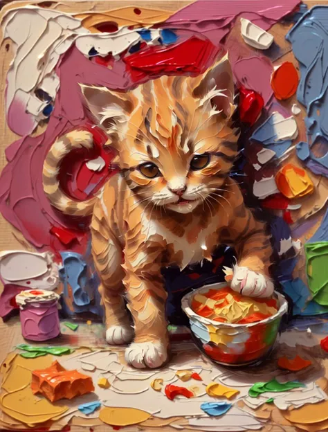 thick impasto painting of a cute kitten stealing food<lora:impasto:1>