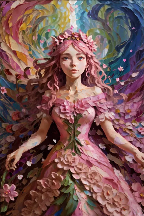<lora:thickimpasto:1.0>, thick impasto painting of woman wearing flowing pink dress and flower crown, enchanted forest, by alphonse mucha, <clip:skip:2>, masterpiece, 8k, high resolution, shallow depth of field, sharp focus